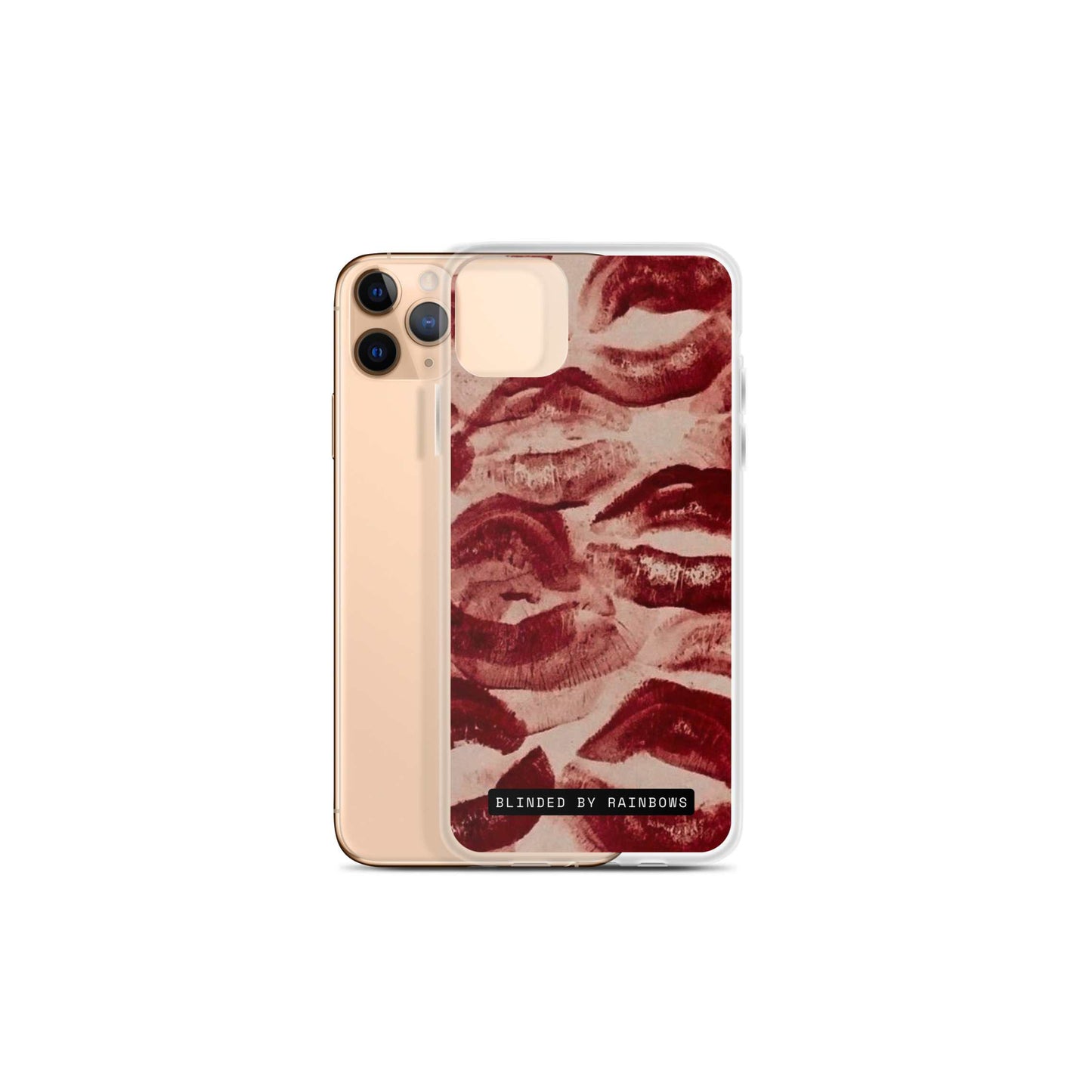 Blinded by Rainbows Kiss Me phone case, sleek matte finish, bold red lips design, durable protective cover, compatible with iPhone, aesthetic film-inspired merch, limited edition.