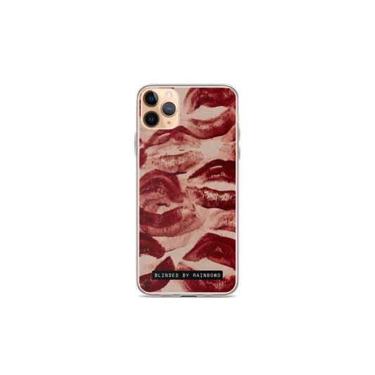 Blinded by Rainbows Kiss Me phone case, sleek matte finish, bold red lips design, durable protective cover, compatible with iPhone, aesthetic film-inspired merch, limited edition.